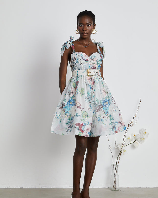 Ophelia Floreal Baskılı Kemerli Mini Elbise