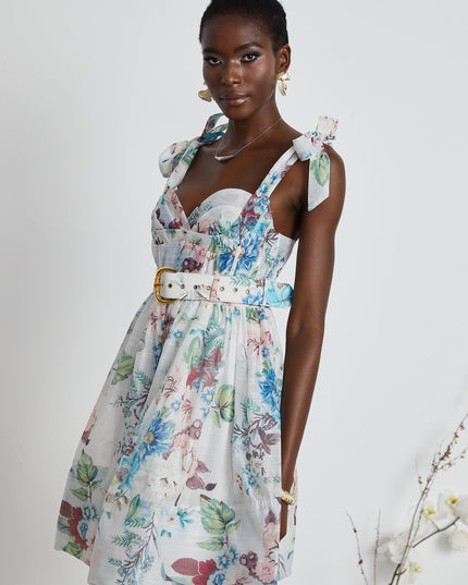 Ophelia Floreal Baskılı Kemerli Mini Elbise