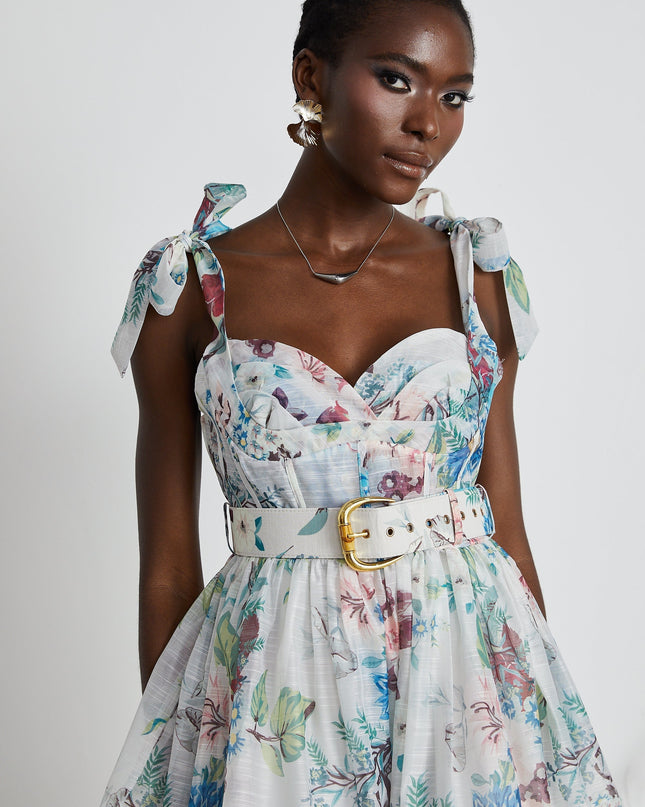 Ophelia Floreal Baskılı Kemerli Mini Elbise