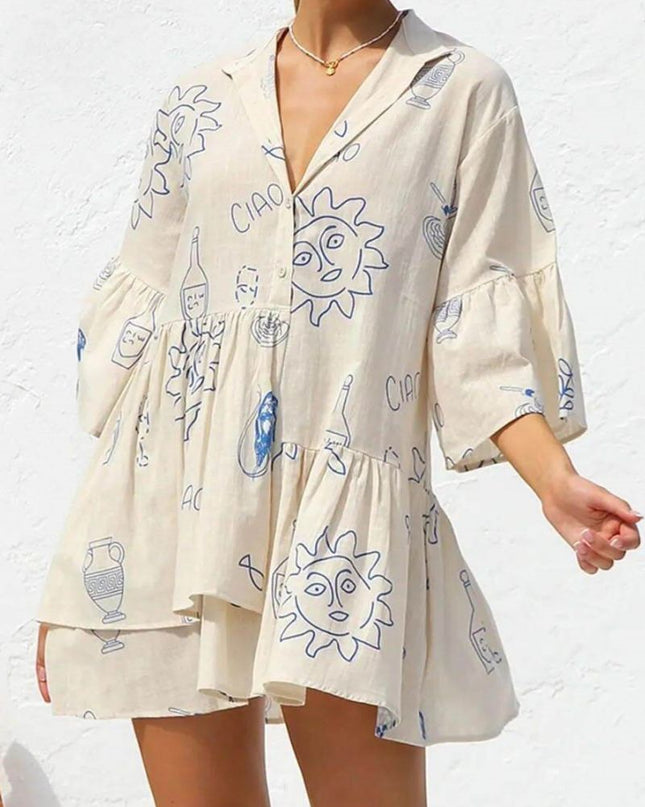Etnik Stil Bol Gömlek Kısa Elbise