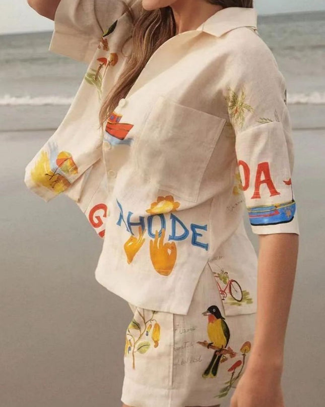 Benzersiz Tatil Halk Çiçek Baskı Gevşek Şort İki Parçalı Set