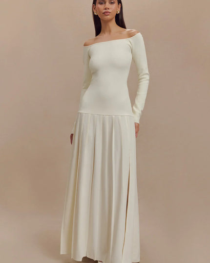 Örme Omuz Açık Uzun Elbise - Fildişi