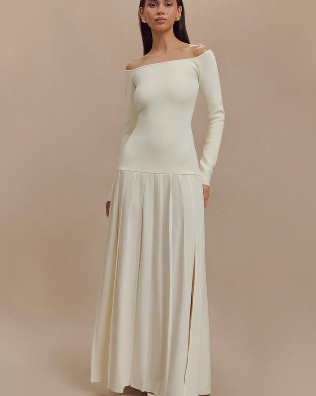 Örme Omuz Açık Uzun Elbise - Fildişi