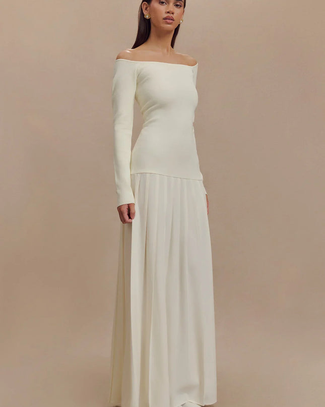 Örme Omuz Açık Uzun Elbise - Fildişi