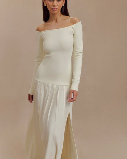 Örme Omuz Açık Uzun Elbise - Fildişi