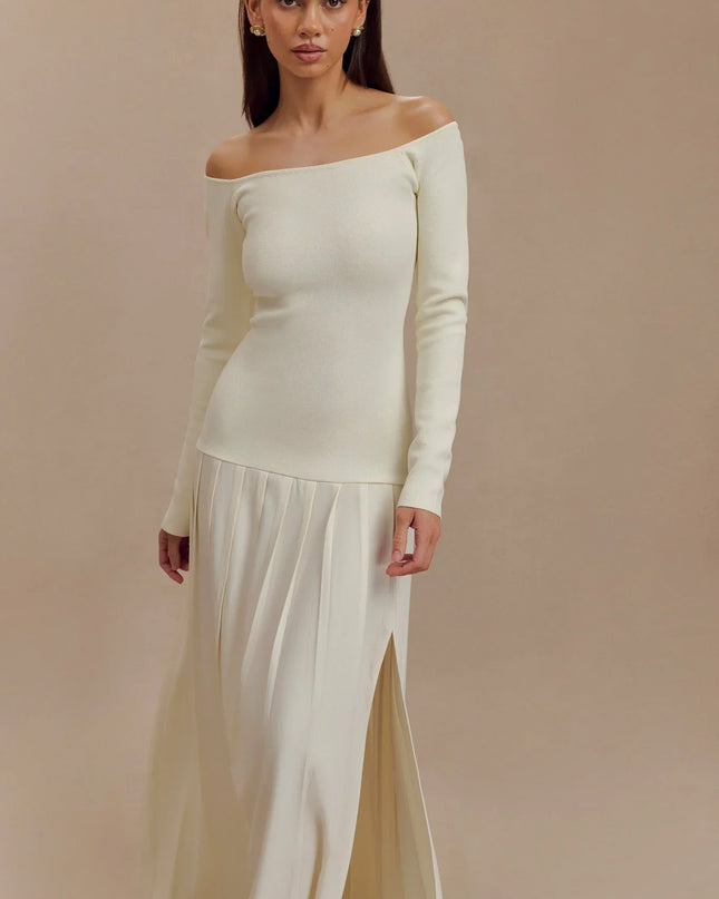 Örme Omuz Açık Uzun Elbise - Fildişi