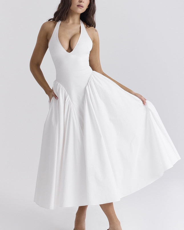 Beyaz Pamuklu Boyundan Bağlamalı Midi Sundress