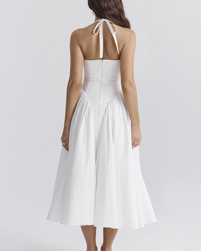 Beyaz Pamuklu Boyundan Bağlamalı Midi Sundress