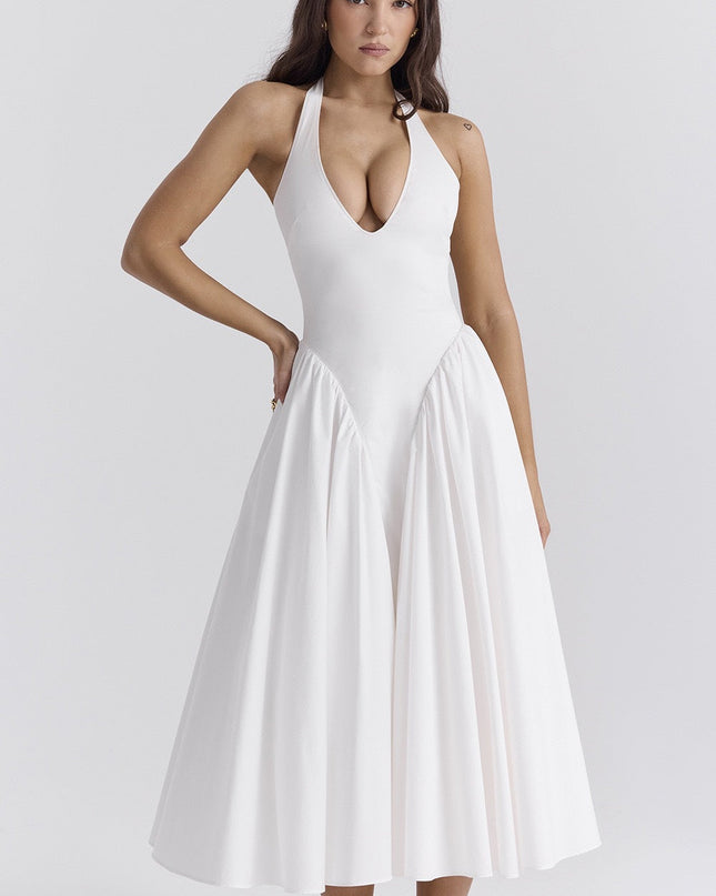 Beyaz Pamuklu Boyundan Bağlamalı Midi Sundress