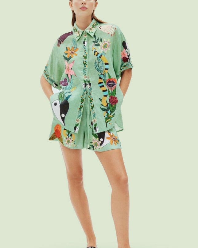 Benzersiz Etnik Desenli Bol Gömlek ve Şort Takımı