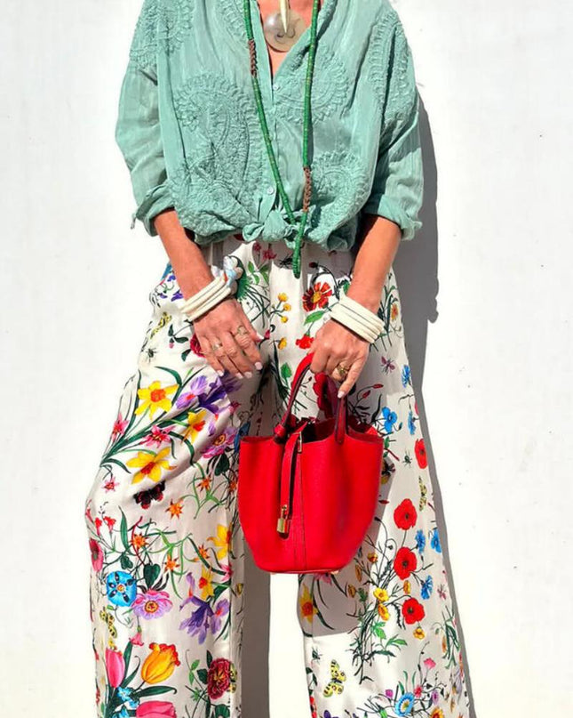 Çiçek Benzersiz Baskı Beli Lastikli Cepli Geniş Paça Pantolon-Takım