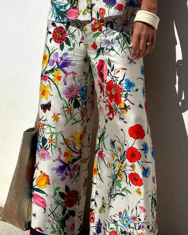 Çiçek Benzersiz Baskı Beli Lastikli Cepli Geniş Paça Pantolon-Takım