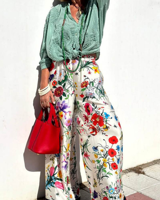 Çiçek Benzersiz Baskı Beli Lastikli Cepli Geniş Paça Pantolon-Takım