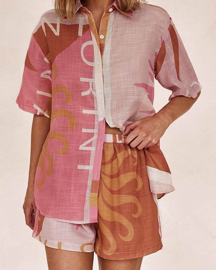 Parlak Güneş Bol Baskılı Tatil Gömlek Şort Takım