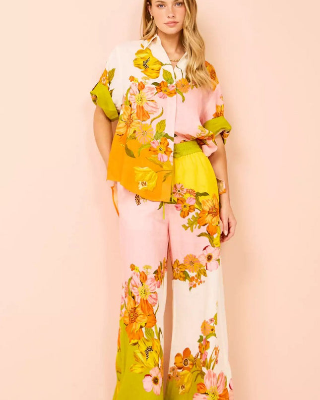 Benzersiz Baskı Beli Lastikli Cepli Geniş Paça Pantolon-Takım