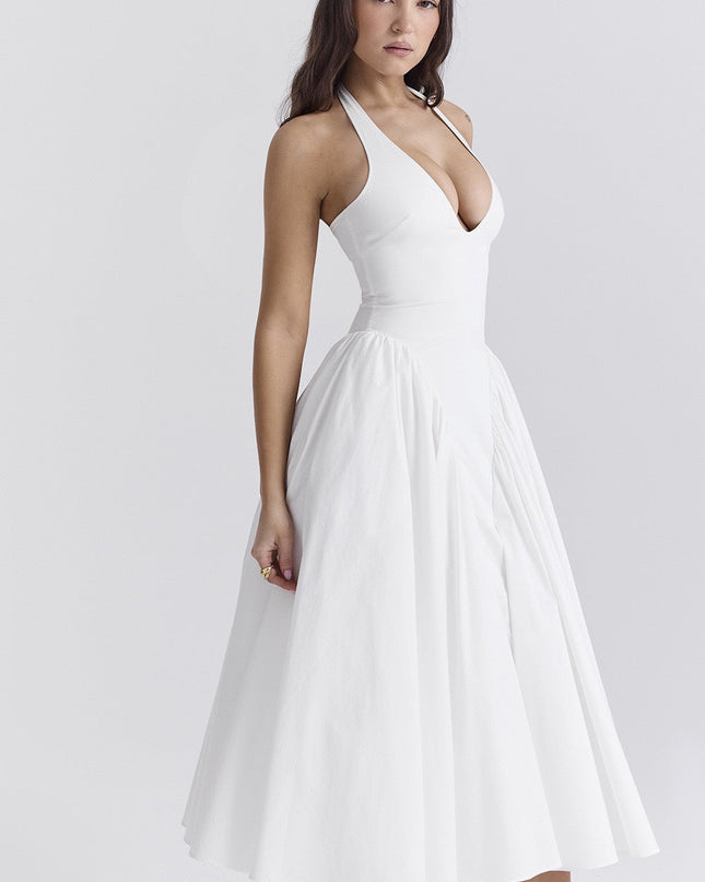 Beyaz Pamuklu Boyundan Bağlamalı Midi Sundress