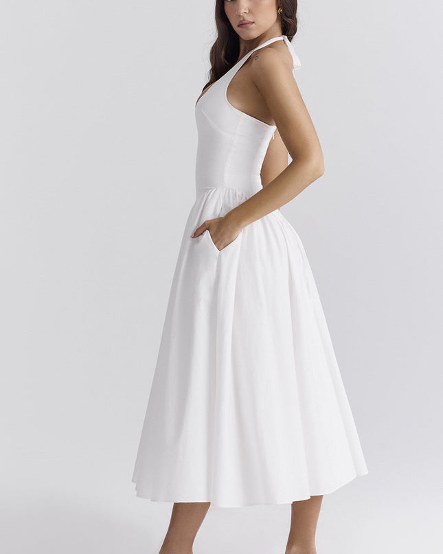 Beyaz Pamuklu Boyundan Bağlamalı Midi Sundress