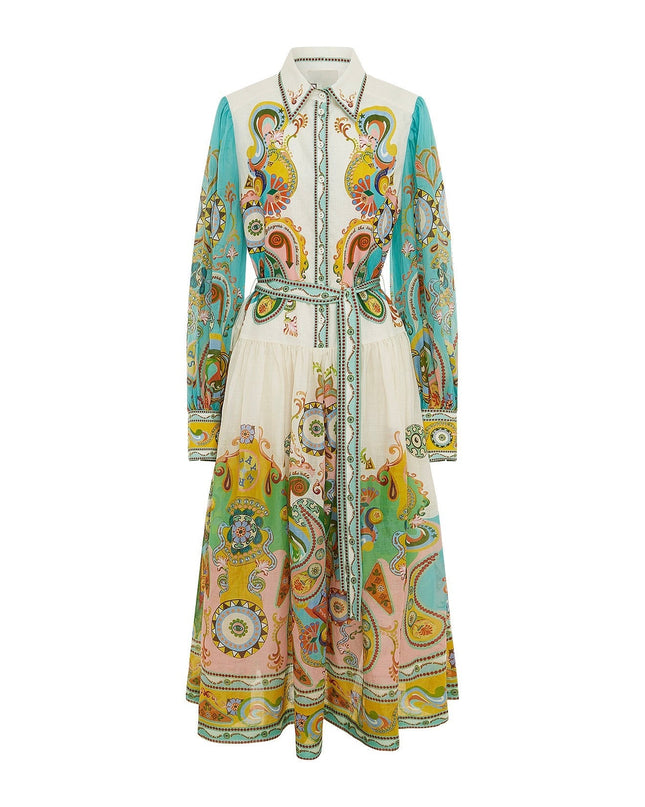 Soleia Uzun Desenli Kuşaklı Elbise