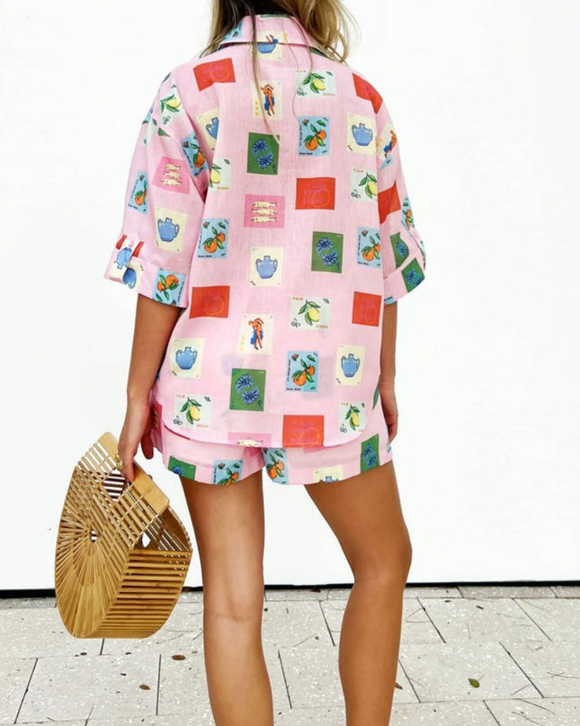 Şort Takım - Pembe Pul Desenli