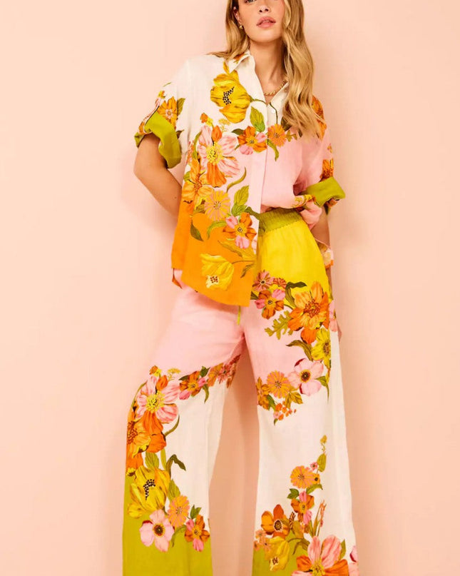 Benzersiz Baskı Beli Lastikli Cepli Geniş Paça Pantolon-Takım