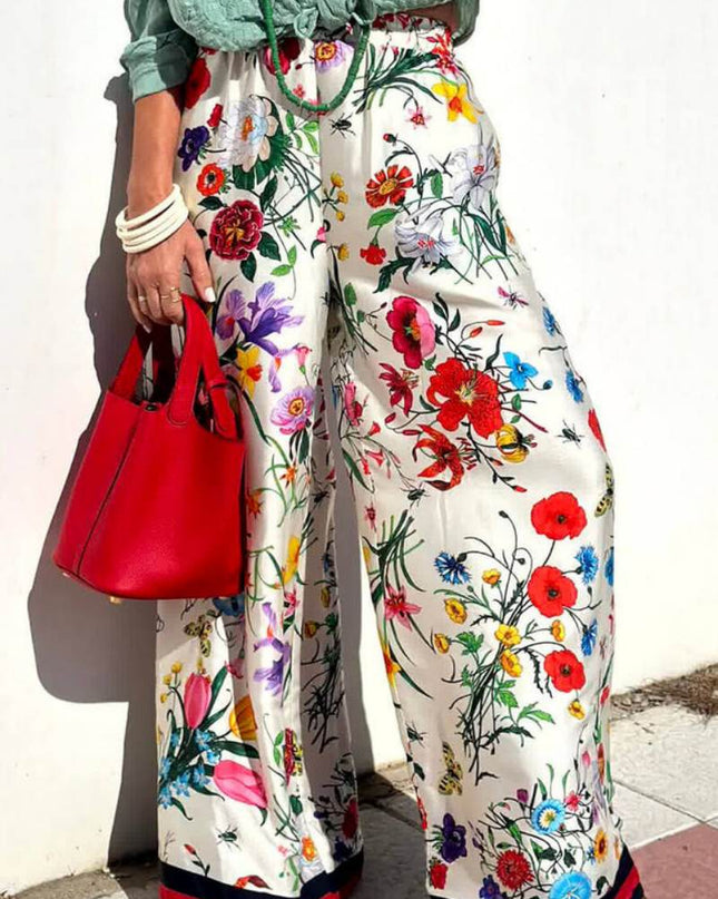 Çiçek Benzersiz Baskı Beli Lastikli Cepli Geniş Paça Pantolon-Takım