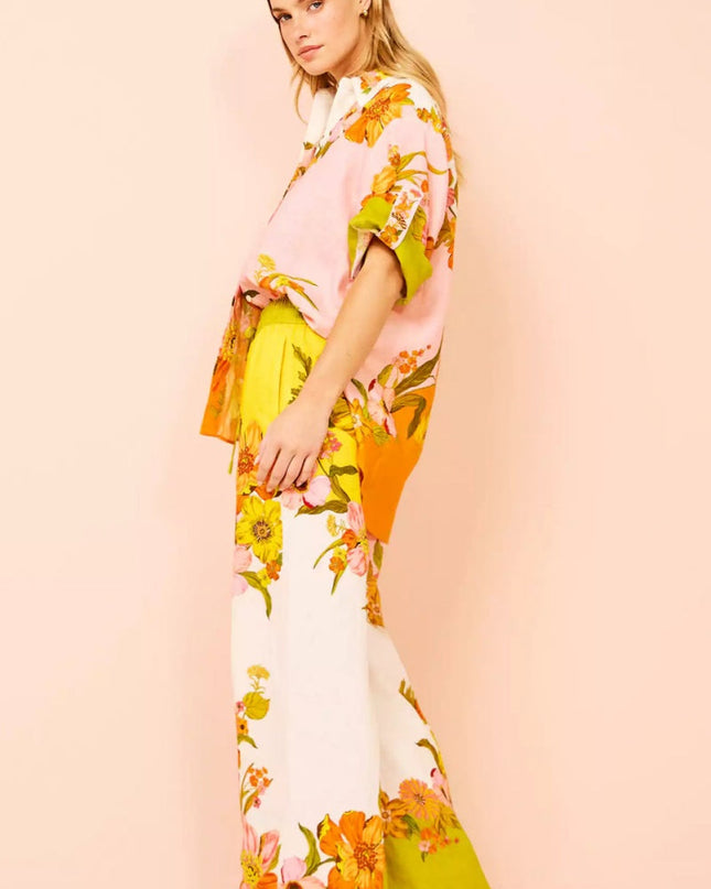 Benzersiz Baskı Beli Lastikli Cepli Geniş Paça Pantolon-Takım