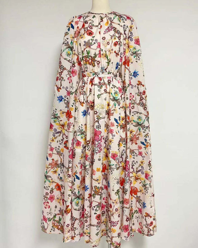 Nola Yuvarlak Yaka Pelerin Kollu Uzun Elbise