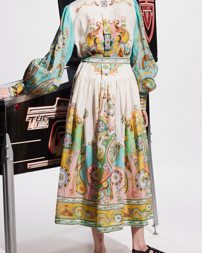 Soleia Uzun Desenli Kuşaklı Elbise