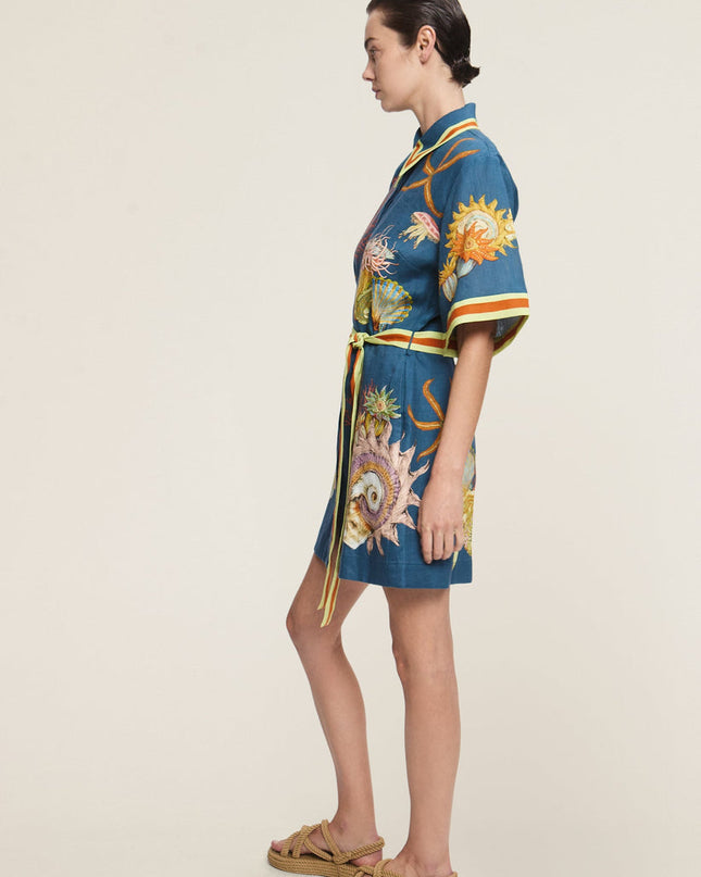 Mareblu Kuşaklı Deniz Desenli Gömlek Elbise