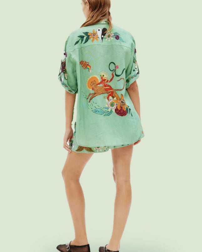 Benzersiz Etnik Desenli Bol Gömlek ve Şort Takımı