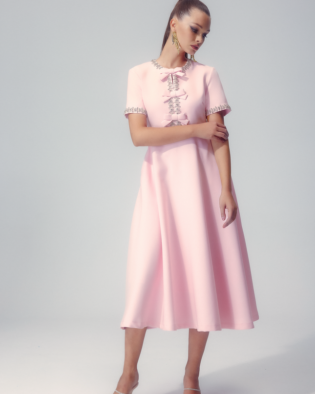 Zoe Fiyonklu Kristal İşlemeli Midi Elbise