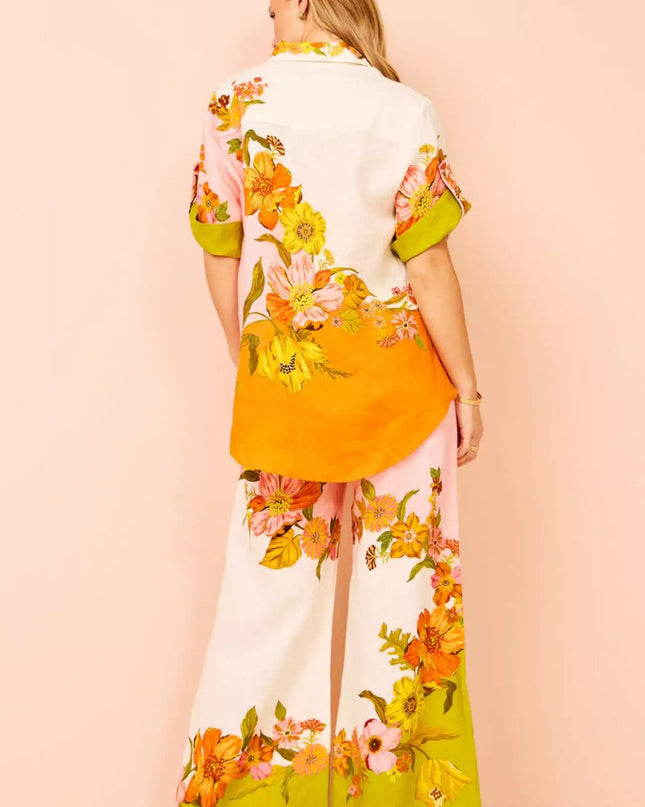 Benzersiz Baskı Beli Lastikli Cepli Geniş Paça Pantolon-Takım