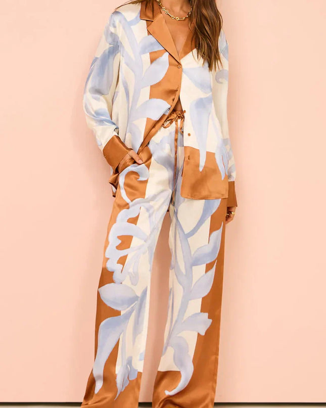 Zarif Kontrast Batik Çiçekli Bol Pantolon Takımı
