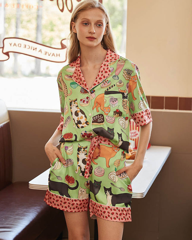 Kahve Kedi Şort Pijama Takımı