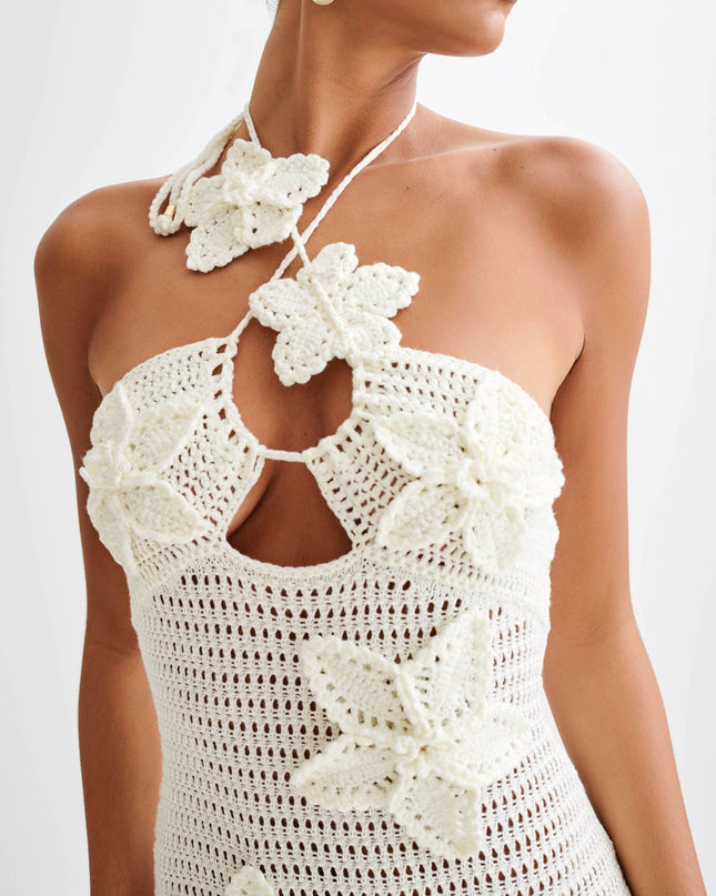 Beverly Floral Aplike Tığ İşi Uzun Elbise