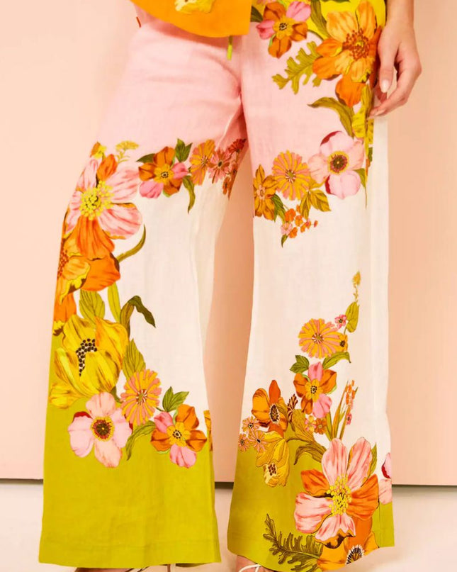 Benzersiz Baskı Beli Lastikli Cepli Geniş Paça Pantolon-Takım