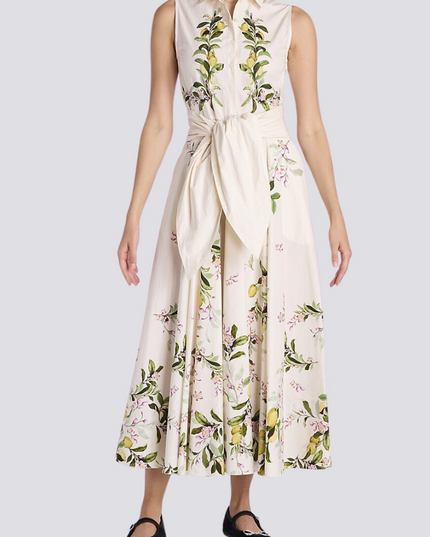 Adelle Çiçekli Fiyonklu Kolsuz Uzun Elbise
