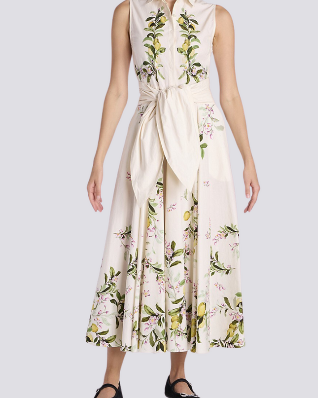 Adelle Çiçekli Fiyonklu Kolsuz Uzun Elbise