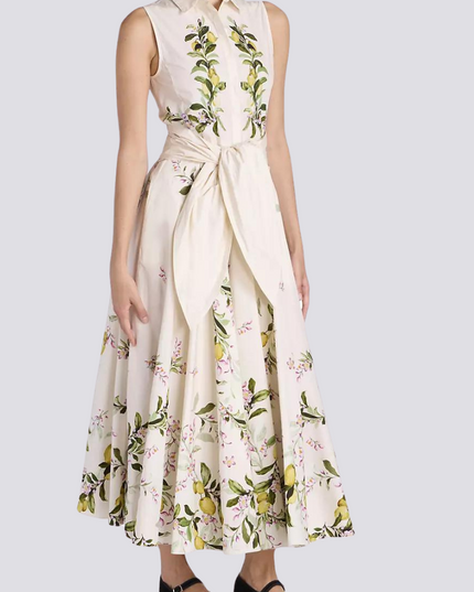 Adelle Çiçekli Fiyonklu Kolsuz Uzun Elbise