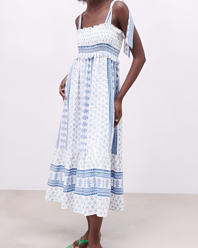 Helga Baskılı Büzgülü Askılı Midi Elbise