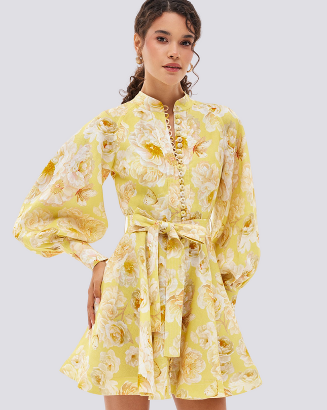 Cassiopeia Balon Kol Çiçekli Mini Elbise