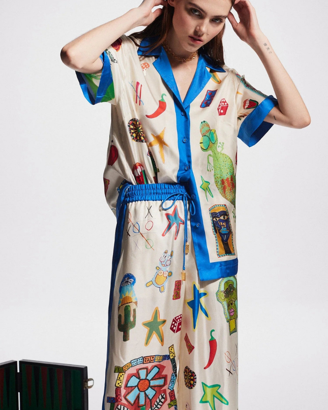 Clarette V Yaka Patchwork Pantolon Takımı