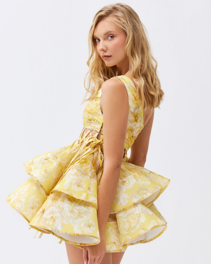 Cora Tek Omuzlu Fırfırlı Kesim Mini Elbise Sarı