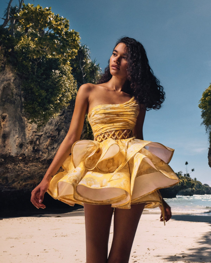 Cora Tek Omuzlu Fırfırlı Kesim Mini Elbise Sarı