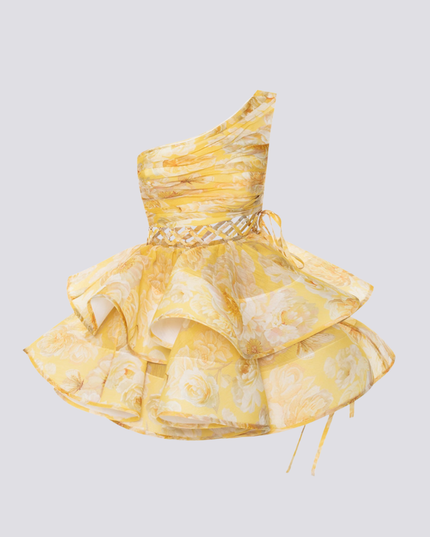 Cora Tek Omuzlu Fırfırlı Kesim Mini Elbise Sarı