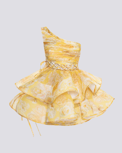 Cora Tek Omuzlu Fırfırlı Kesim Mini Elbise Sarı