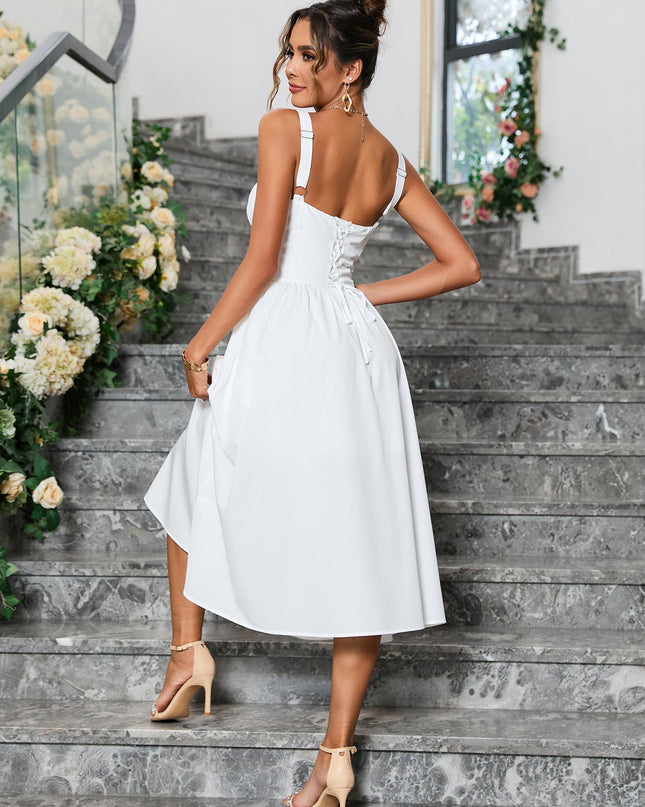 Düğme Detaylı Askılı Midi Elbise