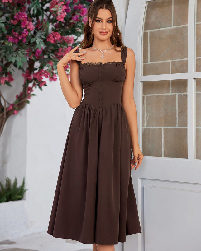 Düğme Detaylı Askılı Midi Elbise