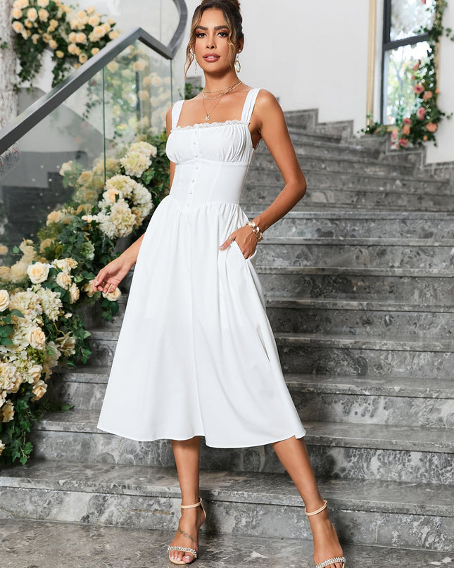 Düğme Detaylı Askılı Midi Elbise