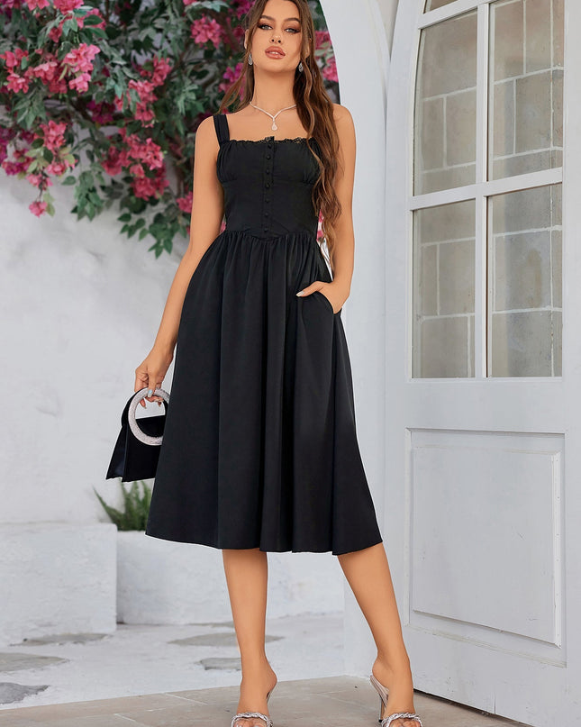 Düğme Detaylı Askılı Midi Elbise